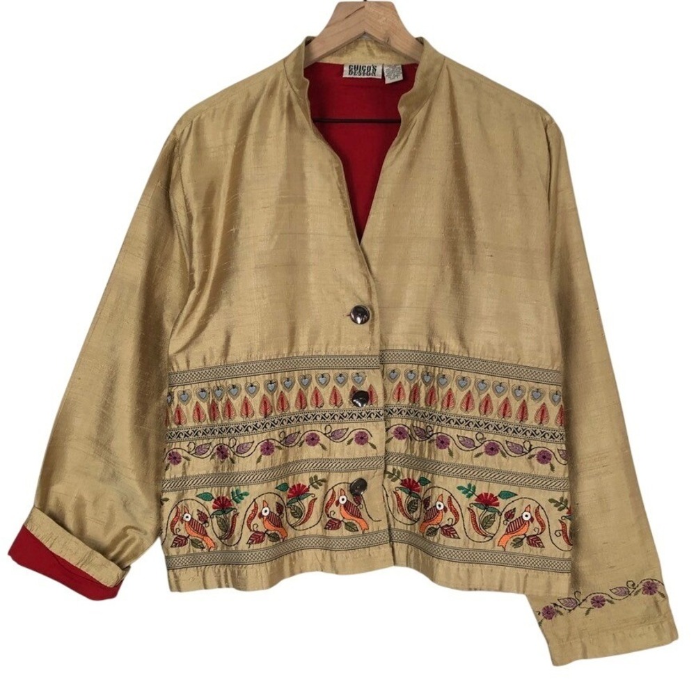 VTG CHICO'S 100% Silk Embroidered Bird Floral Jacket Women's Sz 3 L Gold Lined